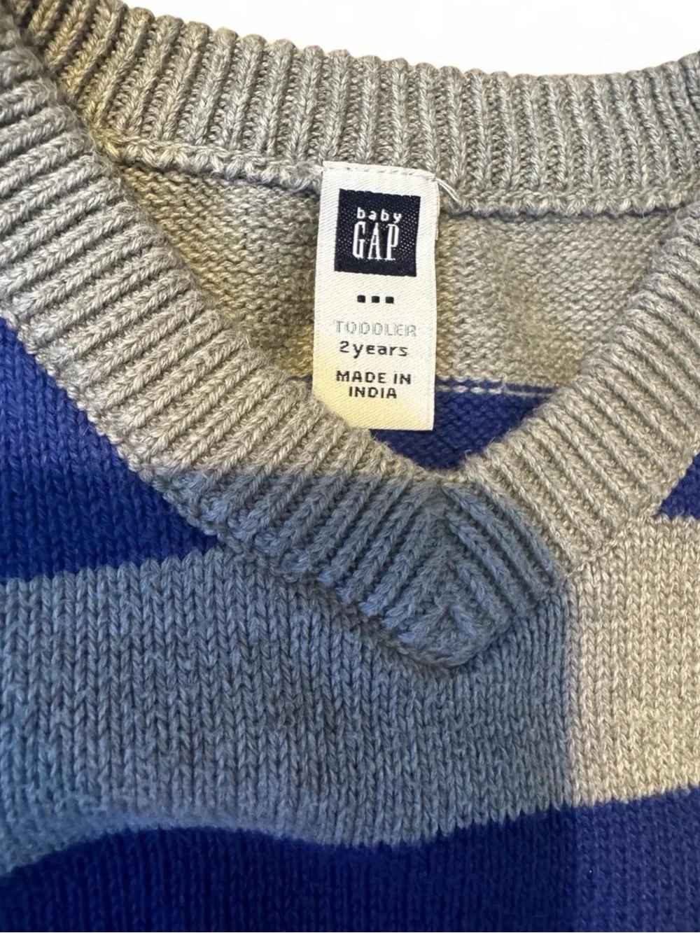GAP Blue and Gray Striped V-Neck Sweater with Dark Grey Elbow Patches